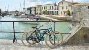 deux vélos garés à côté d'une clôture à côté de l'eau dans l'établissement St Mart. l'îlot Rhéa, à Saint-Martin-de-Ré