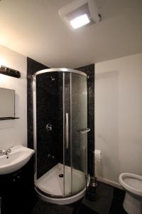 a bathroom with a shower and a sink at The Parkdale Hostellerie in Toronto