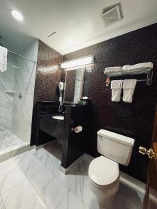 a bathroom with a toilet and a sink and a shower at The Architect in Washington