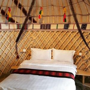 a bed in a yurt with birds on the wall at Boutigue Hotel Nebesa in Chimgan