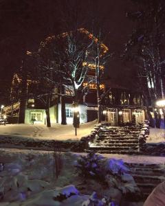 a building covered in snow at night at Boutique Hotel Seneshal in Solnechnogorsk