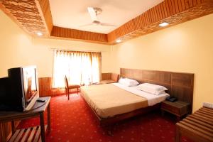 ein Hotelzimmer mit einem Bett und einem TV in der Unterkunft Vardaan Hotels - PatniTop in Patnitop