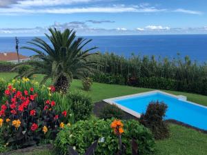 a garden with a swimming pool and flowers at Vivenda Flores - Apartment Hibisco in Lomba +9 photos