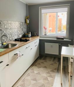 a kitchen with a sink and a window at Ramybės apartamentai in Anykščiai
