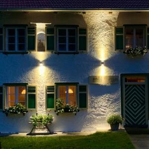 ein weißes Haus mit grünen Fenstern und Topfpflanzen in der Unterkunft BnB44 only rooms no breakfast in Bichlbach