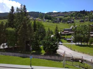 una carretera que baja una colina con un campo verde en Apartamento en la Molina, en La Molina