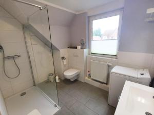 ein Badezimmer mit Toilette und Glasdusche in der Unterkunft Karimea in Zingst