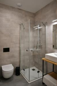 a bathroom with a shower and a toilet and a sink at Za Bunkrem 2 0 in Zbrosławice +3 photos