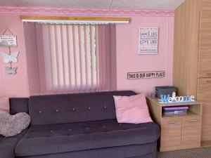 sala de estar con sofá y paredes rosas en Lower Hyde Caravan, en Shanklin