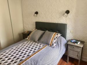 a bed with a green headboard and a side table at Au coeur des boulevards À 2 pas des chemins de rando in Céret