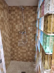 a shower in a bathroom with a tile wall at VENTA DE LA CASA NOGUERA in Riópar +17 photos