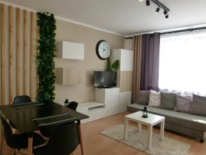 uma sala de estar com um sofá e um relógio na parede em Apartament BB Czarny potok em Krynica-Zdrój