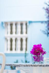 een vaas gevuld met roze bloemen zittend op een tafel bij San Felicin Hostel in Cartagena