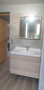 a bathroom with a white tub and a mirror at La petite maison in Saint-Aignan +8 photos