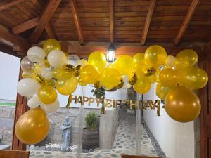Une bande de ballons jaunes avec un signe d'anniversaire heureux dans l'établissement Guest House Ganovi, à Kalofer
