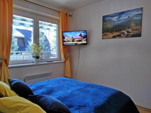 a bedroom with a bed and a tv on the wall at Apartamentylove - Apartament Oliwia in Zakopane