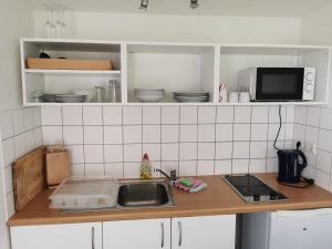 Bungalow 4 Pers. في Elmenhorst: طاولة مطبخ مع حوض وميكروويف