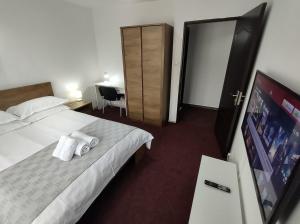 ein Hotelzimmer mit einem Bett und einem Flachbild-TV in der Unterkunft Creative Apartment in Baia Mare
