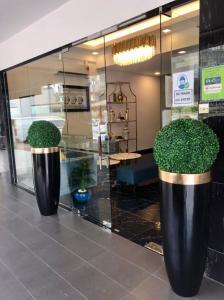 two large black vases with green plants in a store at Hotel VGO in Kuala Lumpur