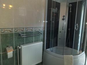 baño con ducha y puerta de cristal en MIRAJ, en Azuga