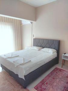 a bedroom with a large bed in a room with a rug at Eser Apart Dalyan in Ortaca