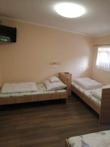 a room with two beds and a television in it at HORVÁTH VENDÉGHÁZ in Nagykanizsa