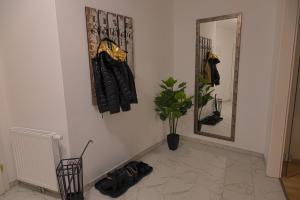 - un couloir avec un miroir et des chaussures au sol dans l'établissement Gesamte Unterkunft über den Dächern Wiens, à Vienne