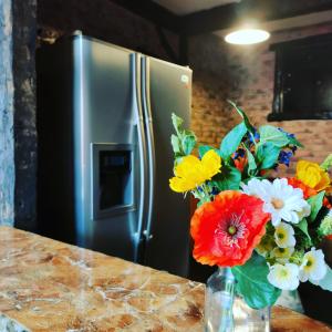 eine Vase voller Blumen auf einer Theke mit einem Kühlschrank in der Unterkunft Amumamaria_ vt in Bermeo
