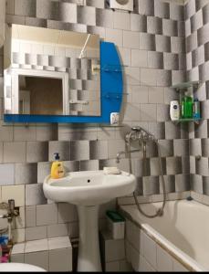 ein Badezimmer mit Waschbecken, Spiegel und Badewanne in der Unterkunft Уютная квартира на Тверская 5, пр Правды, клиника Рохманова in Dnipro