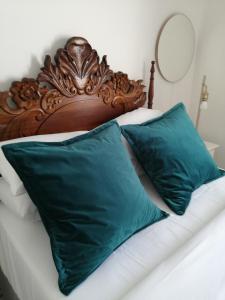 a bed with two green pillows on it at Sterrenhemel Guest Farm in Upington