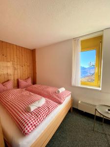 ein Schlafzimmer mit einem Bett mit zwei Kissen und einem Fenster in der Unterkunft Berggasthaus First - Only Accessible by Cable Car in Grindelwald
