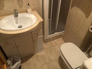 a small bathroom with a sink and a toilet at Hostal De La Rosa in Valdemoro