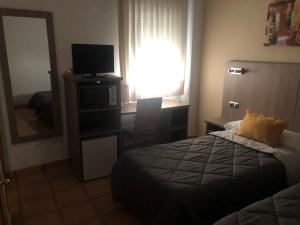 a bedroom with a bed and a desk and a television at Hostal De La Rosa in Valdemoro