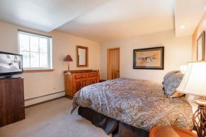a bedroom with a bed and a flat screen tv at Condo with Hot Tub Free Garage Parking in Vail