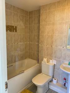 a bathroom with a toilet and a tub and a sink at Angelica House in West Derby