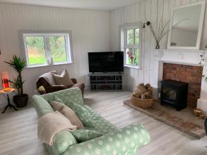 a living room with a couch and a fireplace at Garden Cottage on Tintern Trails in Fethard on Sea