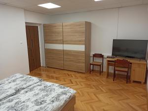 a bedroom with a bed and a desk and a television at Rodinná izba Stummer in Topoľčany