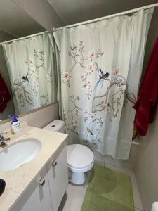 a bathroom with a toilet and a shower curtain with birds on it at Departamento con increíble vista a Viña del Mar in Viña del Mar