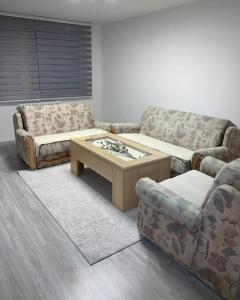 uma sala de estar com dois sofás e uma mesa de centro em Apartman SelmaM em Sarajevo