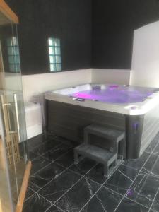 La salle de bains est pourvue d'une baignoire violette avec deux marches. dans l'établissement Villa del catalunya, à Perpignan