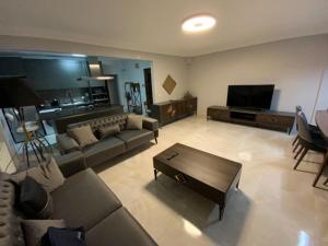 ein Wohnzimmer mit einem Sofa und einem TV in der Unterkunft Luxury Z-Apart Family Homes 2 Bedrooms WIFI near Metro Zeytinburnu Istanbul in Istanbul