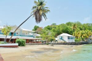 Calliaqua的住宿－Mariners Hotel，享有海滩美景,设有房屋和棕榈树