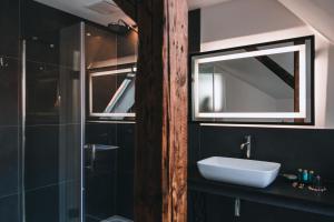 a bathroom with a sink and a mirror and a shower at Boutique-Hotel Anno 1910 in Wernigerode