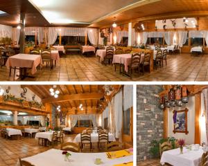 ein Restaurant mit Tischen und Stühlen in einem Zimmer in der Unterkunft Hotel Adler in Saas-Grund