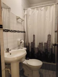 a bathroom with a toilet and a sink and a shower curtain at Hotel Roussean in San Vicente de Cañete