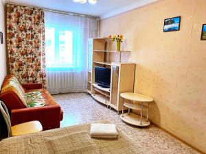 a living room with a couch a chair and a television at Baykal Apartments on Dekabristov in Krasnoyarsk