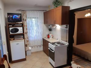 cocina pequeña con fogones y microondas en Ágnes Apartman, en Igal