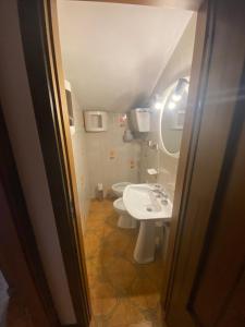 ein Badezimmer mit einem Waschbecken, einem WC und einem Spiegel in der Unterkunft Roccaraso in tasca in Roccaraso