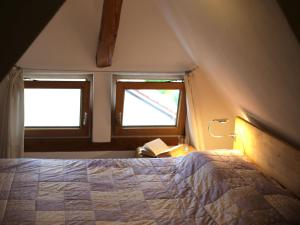a bedroom with a bed and two windows at Das blaue Haus in Pfullendorf