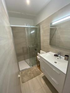 a bathroom with a shower and a sink at Villa Favone 4 chambres piscine privée in Conca
